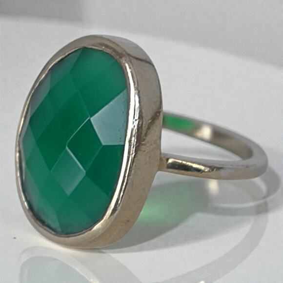 Vintage 925 Gold Plated Jadeite Ring Large Faceted Green Oval Stone sz 8.5 - Picture 3 of 9